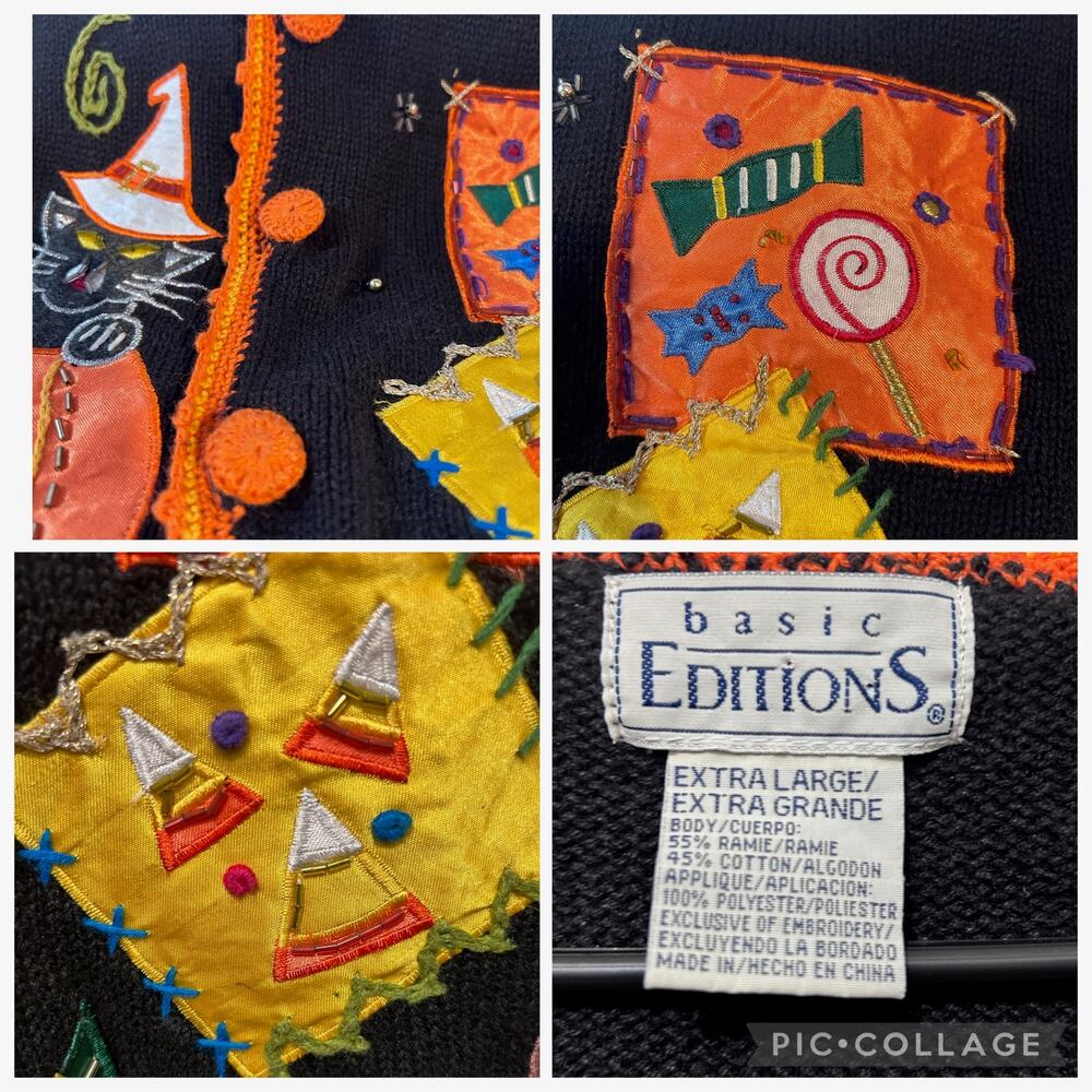 VTG Basic Editions Halloween Sweater Vest XL Blk Pumpkin Ghost Witch Cat Cottage - Picture 6 of 10